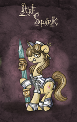 Size: 566x900 | Tagged: safe, artist:azimooth, oc, oc:art spark, pony, unicorn, male, pencil, solo, stallion, steampunk