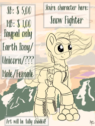 Size: 1706x2262 | Tagged: safe, artist:appleneedle, oc, earth pony, pony, unicorn, art, auction, brony, commission, digital, digital art, draw, drawing, fight, fighter, link, mountain, snow, the legend of zelda, winter, your character here