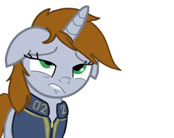 Size: 7550x5981 | Tagged: safe, artist:simplesample, oc, oc only, oc:littlepip, pony, unicorn, fallout equestria, clothes, eyeroll, fanfic, fanfic art, female, floppy ears, horn, lip bite, mare, out of context, reaction image, simple background, solo, transparent background, unf, vault suit