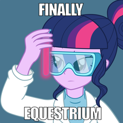 Size: 5000x5000 | Tagged: safe, artist:pink1ejack, sci-twi, twilight sparkle, equestria girls, absurd resolution, clothes, female, lab coat, meme, ponified meme, safety goggles, simple background, solo, test tube, text, vector