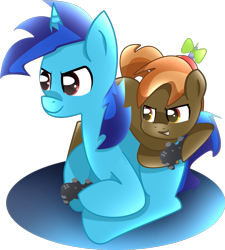 Size: 921x1024 | Tagged: safe, artist:dialliyon, artist:jencita, button mash, oc, oc:dial liyon, earth pony, pony, unicorn, controller, foal, playing, simple background