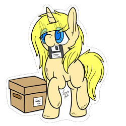 Size: 2000x2000 | Tagged: safe, alternate version, artist:squeaky-belle, oc, oc:annabelle (zizzydizzymc), pony, unicorn, blank flank, box, colored, colored pupils, cute, digital art, eye clipping through hair, flat colors, floppy disk, mouth hold, ocbetes, signature, simple background, solo, transparent background, white outline