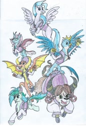 Size: 1024x1499 | Tagged: safe, artist:triforce-treasure, gallus, ocellus, sandbar, silverstream, smolder, yona, changedling, changeling, classical hippogriff, dragon, earth pony, griffon, hippogriff, pony, yak, backpack, clothes, jewelry, necklace, older, student six, sweater