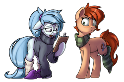 Size: 4958x3316 | Tagged: safe, artist:rexyseven, oc, oc only, oc:rusty gears, oc:whispy slippers, earth pony, pony, clipboard, clothes, duo, female, floppy ears, freckles, glasses, high res, hoof hold, mare, simple background, slippers, sock, socks, striped socks, sweater, transparent background, turtleneck