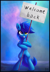 Size: 2696x3832 | Tagged: safe, artist:atlas-66, oc, oc only, oc:windows 8, pony, unicorn, bipedal, grin, heterochromia, nameplate, sign, smiling, solo, table