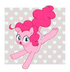 Size: 1162x1200 | Tagged: safe, artist:ch-chau, pinkie pie, earth pony, pony, abstract background, cute, diapinkes, female, heart, mare, open mouth, smiling, solo, underhoof