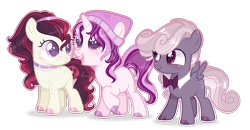 Size: 2884x1500 | Tagged: safe, artist:6-fingers-lover, oc, oc only, oc:black berry, oc:edgar, oc:winnie honey, earth pony, pegasus, pony, unicorn, base used, bowtie, colt, female, filly, magical lesbian spawn, male, offspring, parent:apple bloom, parent:rumble, parent:scootaloo, parent:sweetie belle, parents:rumbloom, parents:scootabelle, simple background, transparent background