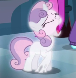 Size: 600x621 | Tagged: safe, screencap, blue cutie, sweetie belle, pony, unicorn, for whom the sweetie belle toils, background pony, cropped, female, filly, foal, horn, mare, offscreen character, scared, screaming, solo focus, stuck, sweetie belle is a marshmallow too