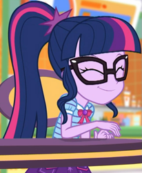 Size: 563x684 | Tagged: safe, screencap, sci-twi, twilight sparkle, better together, equestria girls, holidays unwrapped, ^^, bowtie, chair, clothes, cropped, cute, eyes closed, female, geode of telekinesis, glasses, hairpin, happy, jewelry, magical geodes, mall, ponytail, shirt, short sleeves, sitting, skirt, smiling, table, twiabetes