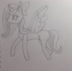 Size: 2845x2802 | Tagged: safe, artist:nastynightmare, oc, oc:fleurbelle, alicorn, pony, alicorn oc, bow, cute, female, flying, hair bow, mare, sketch, traditional art