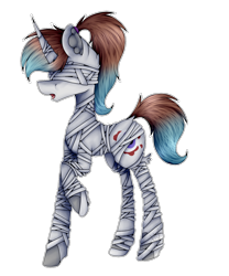 Size: 1200x1442 | Tagged: safe, artist:chazmazda, oc, oc only, pony, unicorn, art, bandage, blindfold, cartoon, commission, commissions open, digital art, dock, ear fluff, fullbody, horn, mummy, raised hoof, simple background, solo, transparent background, wings