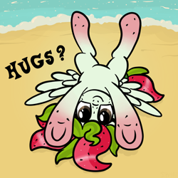 Size: 2100x2100 | Tagged: safe, artist:sjart117, oc, oc only, oc:watermelana, pegasus, pony, beach, belly, cute, female, freckles, gradient hooves, hugs needed, hugs?, looking at you, mare, ocean, on back, sand, solo, speech, underhoof, wings