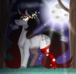 Size: 3132x3049 | Tagged: safe, artist:domina-venatricis, oc, oc only, oc:odenia ripper, pony, unicorn, clothes, female, mare, moon, night, socks, solo, stars, striped socks, tree