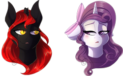 Size: 1920x1200 | Tagged: safe, artist:obscuredragone, oc, oc:blaze shadow, oc:violin melody, alicorn, pony, unicorn, beautiful, big eyes, blushing, bow, broken horn, bust, couple, curly hair, cute, cute face, dark skin, dragon eyes, ears, ears up, eyelashes, female, fluffy, fluffy hair, glowing eyes, golden eyes, hair, hair bow, head, horn, light skin, long hair, long mane, looking at each other, male, mane, mare, open eyes, open mouth, pink bow, pink eyes, pink ribbon, portrait, purple, purple eyes, purple mane, red mane, ribbon, sensual, shading, shiny eyes, simple background, stallion, straight hair, transparent background