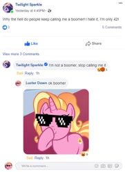 Size: 473x654 | Tagged: safe, artist:equestriatwi, luster dawn, princess twilight 2.0, twilight sparkle, twilight sparkle (alicorn), alicorn, pony, unicorn, the last problem, boop, facebook, fake screenshot, female, mare, meme, millennial luster dawn, ok boomer, self-boop, sunglasses, text, texts from ponies, thug life