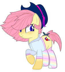 Size: 1549x1717 | Tagged: safe, artist:pegasski, artist:rukemon, oc, oc only, oc:shiny apple (ice1517), earth pony, pony, base used, blushing, clothes, commission, cowboy hat, female, hat, mare, rainbow socks, raised hoof, shirt, simple background, socks, solo, striped socks, tail wrap, transparent background