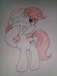 Size: 2448x3264 | Tagged: safe, artist:swivel starsong, part of a set, oc, oc only, oc:temmy, earth pony, pony, female, grin, mare, nation ponies, one eye closed, project seaponycon, raised hoof, singapore, smiling, solo, traditional art, wink