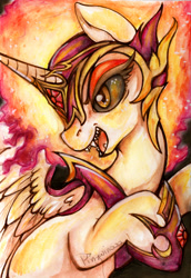 Size: 1695x2459 | Tagged: safe, artist:pingwinowa, daybreaker, alicorn, pony, fire, solo, traditional art