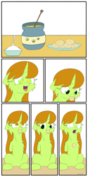 Size: 3000x6000 | Tagged: safe, artist:fajnyziomal, oc, oc only, oc:świstek#1, plant pony, pony, unicorn, comic:świstek, amputee, armless, cheek fluff, chest fluff, comic, cookie, dropping, food, heart eyes, honey, mouth hold, open mouth, shoulder fluff, solo, starry eyes, stump, sugar (food), wide eyes, wingding eyes