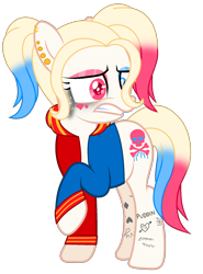 Size: 1456x1968 | Tagged: safe, artist:ifoxbases, artist:rukemon, oc, oc:har-harley queen, earth pony, pony, base used, clothes, commission, cringing, ear piercing, earring, eyeshadow, female, heterochromia, jacket, jewelry, makeup, mare, multicolored hair, piercing, raised hoof, running makeup, simple background, solo, tattoo, transparent background