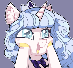 Size: 884x821 | Tagged: safe, artist:teichi, pony, unicorn, bow, bust, ear fluff, female, happy, jewelry, portrait, tiara