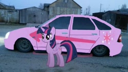 Size: 640x360 | Tagged: safe, twilight sparkle, twilight sparkle (alicorn), alicorn, pony, unicorn, car, cutie mark, female, irl, itasha, lada, lada priora, mare, photo, ponies in real life, smiling, solo