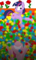 Size: 600x1000 | Tagged: safe, artist:quint-t-w, pinkie pie, twilight sparkle, unicorn twilight, earth pony, pony, unicorn, ball pit, decoration, flower, grin, jaws, lip bite, old art, parody, smiling, swimming