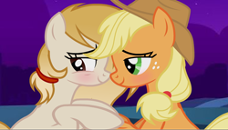 Size: 700x400 | Tagged: safe, artist:applerougi, derpibooru import, applejack, oc, oc:cremita, earth pony, pony, blushing, female, mare, night