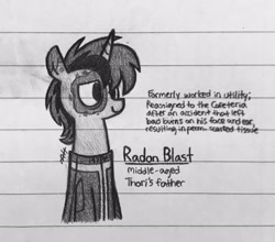 Size: 2048x1802 | Tagged: safe, artist:modocrisma, oc, oc only, oc:radon blast, pony, unicorn, fallout equestria, fanfic:vault 147, alternate universe, au:v147, clothes, doodle, fallout, fanfic, fanfic art, father, horn, lined paper, male, monochrome, pencil drawing, photo, scar, smiling, solo, tired, traditional art, vault suit, watermark