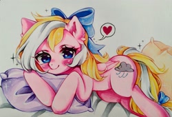 Size: 3102x2112 | Tagged: safe, artist:manekoart, oc, oc only, oc:bay breeze, pegasus, pony, blushing, bow, cute, ear fluff, female, hair bow, heart eyes, hug, looking at you, mare, ocbetes, pillow, pillow hug, tail bow, traditional art, wingding eyes