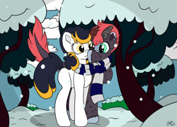 Size: 1280x923 | Tagged: safe, artist:appleneedle, oc, dragon, earth pony, hybrid, kirin, pony, art, boop, brony, clothes, colored, couple, date, drawing, fanart, flat colors, love, romantic, scarf, shared clothing, shared scarf, snow, snowfall, tree, walk, winter