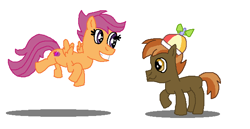 Size: 636x327 | Tagged: safe, artist:theinflater19, button mash, scootaloo, earth pony, pegasus, pony, cutie mark, female, filly, flying, hat, male, propeller hat, scootamash, shipping, simple background, straight, the cmc's cutie marks, white background