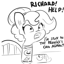 Size: 2250x2250 | Tagged: safe, artist:tjpones, oc, oc only, oc:brownie bun, earth pony, pony, horse wife, adorable distress, black and white, cartoon physics, chips, cute, dialogue, female, food, grayscale, how, if i fits i sits, jewelry, lawyer-friendly names, mare, monochrome, necklace, open mouth, pearl necklace, potato chips, pringles, silly, silly pony, solo, stuck