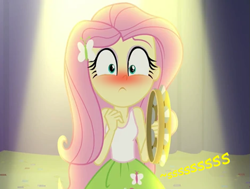 Size: 661x500 | Tagged: safe, artist:thedarkpony, edit, edited screencap, screencap, fluttershy, equestria girls, rainbow rocks, accident, blushing, cropped, embarrassed, fear wetting, female, fetish, implied pissing, implied urine, implied wetting, onomatopoeia, pee edit, scared, solo, stage fright, watersports