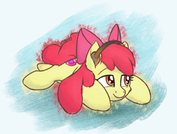 Size: 1150x875 | Tagged: safe, artist:litrojia, apple bloom, earth pony, pony, abstract background, adorabloom, cute, female, filly, headphones, lying down, prone, sketchy, smiling, solo