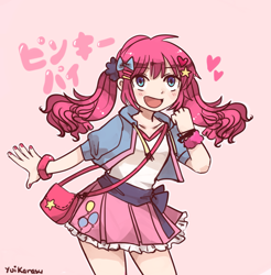 Size: 1267x1288 | Tagged: safe, artist:yuikarasu, pinkie pie, human, alternate hairstyle, anime, bow, clothes, cute, cutie mark on clothes, diapinkes, female, hair accessory, hair bow, heart, humanized, japanese, miniskirt, moe, nail polish, open mouth, pigtails, pink background, pleated skirt, purse, simple background, skirt, solo, stars, twintails