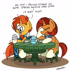 Size: 4443x4538 | Tagged: safe, artist:bobthedalek, stellar flare, sunburst, pony, unicorn, student counsel, bandage, cup, disappointed, facehoof, female, male, mare, mother and child, mother and son, parent and child, stallion, stellar flare is not amused, table, teacup, teapot, unamused