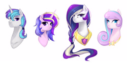 Size: 3000x1500 | Tagged: safe, artist:kraytt-05, oc, oc only, oc:euphony aria sparkle, oc:gallant shield, oc:lovely affection, oc:sylvena, pony, bust, female, interdimensional siblings, male, mare, offspring, parent:princess cadance, parent:shining armor, parents:shiningcadance, peytral, siblings, simple background, stallion, white background