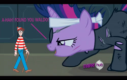 Size: 3748x2351 | Tagged: safe, edit, edited screencap, screencap, twilight sparkle, pony, it's about time, dialogue, eyepatch, funny, future twilight, hub logo, stealth suit, where's waldo