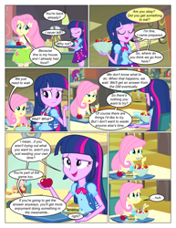 Size: 612x792 | Tagged: safe, artist:greatdinn, artist:newbiespud, edit, edited screencap, screencap, fluttershy, twilight sparkle, collaboration, comic:friendship is dragons, equestria girls, equestria girls (movie), apple, bowl, burger, clothes, comic, cup, cutie mark, cutie mark on clothes, dialogue, eating, eyes closed, female, food, hamburger, open mouth, salad, screencap comic, smiling, spoon, tray