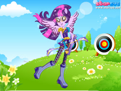 Size: 800x600 | Tagged: safe, artist:user15432, sci-twi, twilight sparkle, human, equestria girls, friendship games, archer, archery, arrow, boots, bow (weapon), bow and arrow, clothes, dressup game, flower, glasses, ponied up, scitwilicorn, shoes, sporty style, starsue, target, weapon, wings