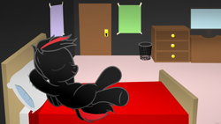 Size: 3840x2160 | Tagged: safe, artist:agkandphotomaker2000, oc, oc:arnold the pony, pegasus, pony, bed, bedroom, door, drawer, garbage bin, poster, red and black mane, red and black oc, solo, television