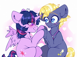 Size: 2700x2000 | Tagged: safe, artist:etoz, star tracker, twilight sparkle, twilight sparkle (alicorn), alicorn, earth pony, pony, blushing, cheek fluff, cute, ear fluff, eye clipping through hair, female, freckles, gradient background, happy, heart, high res, horn, male, request, requested art, shipping, smiling, stallion, straight, trackerbetes, twiabetes, twitracker, wingding eyes, wings