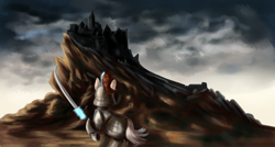 Size: 1907x1021 | Tagged: safe, artist:dukevonkessel, oc, pony, unicorn, armor, castle, fantasy class, helmet, mountain, overcast, solo, sword, warrior, weapon