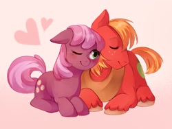 Size: 2000x1500 | Tagged: safe, artist:didi, big macintosh, cheerilee, earth pony, pony, big macintosh's yoke, blushing, cheeribetes, cheerimac, cute, female, macabetes, male, mare, nuzzling, prone, shipping, simple background, smiling, stallion, straight, white background