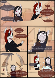 Size: 4961x7016 | Tagged: safe, artist:tenenbris, oc, oc:abel masei, oc:patricia sorg, unicorn, zebra, comic:things change, :, braid, car, clothes, comic, dishes, eyeshadow, horn, jacket, leather jacket, makeup, soap bubble, zebra oc