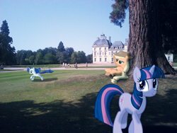 Size: 548x411 | Tagged: safe, artist:bastbrushie, applejack, rarity, twilight sparkle, earth pony, pony, unicorn, castle, château de cheverny, france, garden, irl, photo, ponies in real life