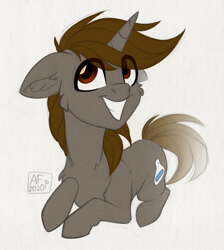 Size: 3130x3500 | Tagged: safe, artist:airfly-pony, oc, oc only, oc:cors recluse, chibi, looking up, male, patreon, patreon reward, prone, smiling, stallion