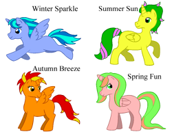 Size: 1079x848 | Tagged: safe, artist:chili19, oc, oc only, oc:autumn breeze, oc:summer sun, oc:winter sparkle, alicorn, pony, alicorn oc, female, mare, raised hoof, simple background, transparent background