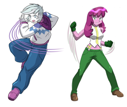 Size: 2096x1776 | Tagged: safe, artist:danmakuman, cheerilee, double diamond, equestria girls, belly button, clothes, commission, cosplay, costume, doublecheer, equestria girls-ified, female, king of fighters, male, midriff, pants, shipping, shoes, simple background, straight, vanessa, white background